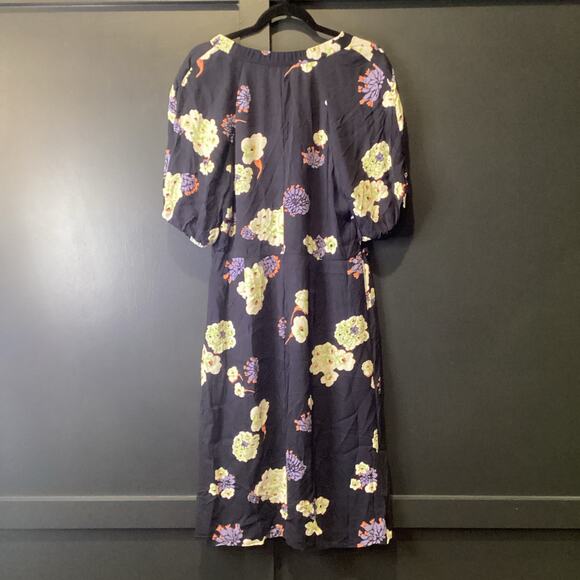 Lewit Navy Blue Floral short Dress Puff Half Sleeves Sheath Split Hem 10 viscose - Picture 11 of 11